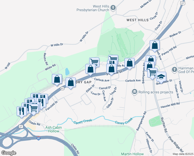 map of restaurants, bars, coffee shops, grocery stores, and more near 1113 South Roane Street in Harriman