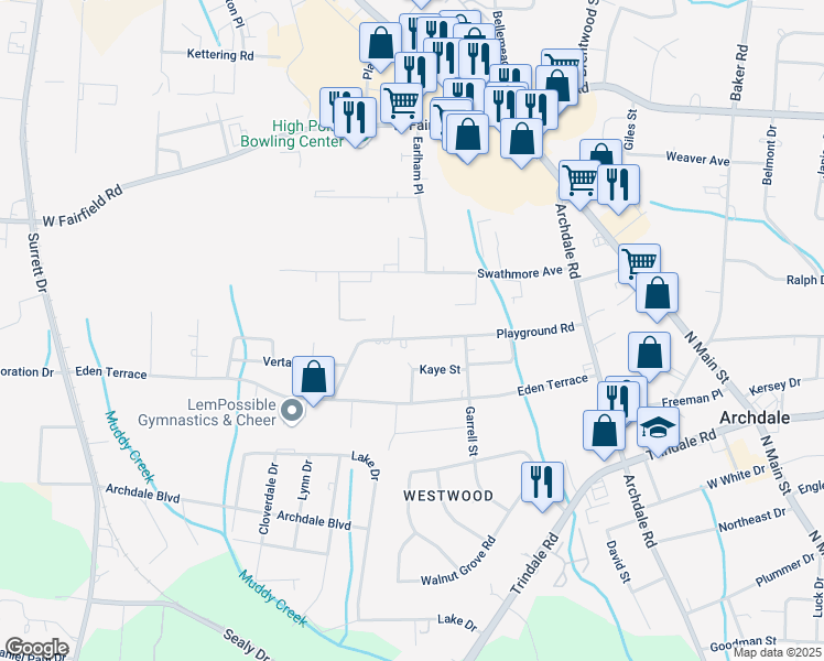 map of restaurants, bars, coffee shops, grocery stores, and more near 520B Playground Road in Archdale
