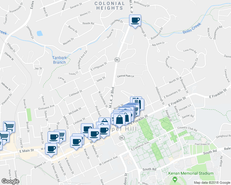map of restaurants, bars, coffee shops, grocery stores, and more near 410 Martin Luther King Junior Boulevard in Chapel Hill