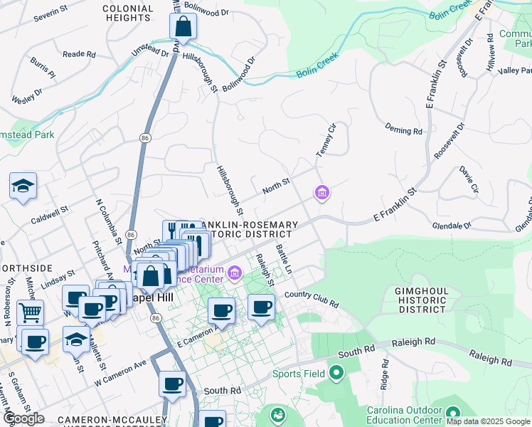 map of restaurants, bars, coffee shops, grocery stores, and more near 501 East Rosemary Street in Chapel Hill