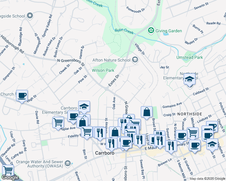 map of restaurants, bars, coffee shops, grocery stores, and more near 700 North Greensboro Street in Carrboro
