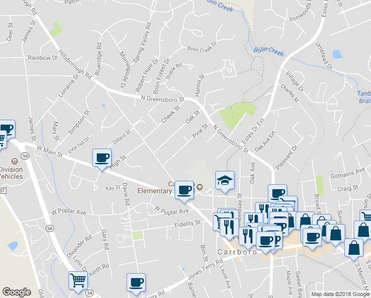 map of restaurants, bars, coffee shops, grocery stores, and more near 113 Pine Street in Carrboro