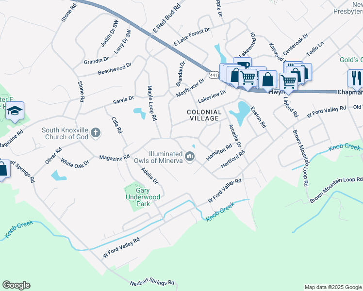 map of restaurants, bars, coffee shops, grocery stores, and more near 6020 Magazine Road in Knoxville