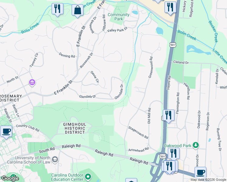 map of restaurants, bars, coffee shops, grocery stores, and more near 304 Glenwood Drive in Chapel Hill