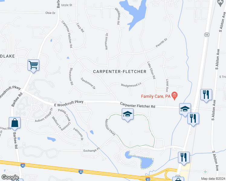 map of restaurants, bars, coffee shops, grocery stores, and more near 1029 Carpenter Fletcher Road in Durham