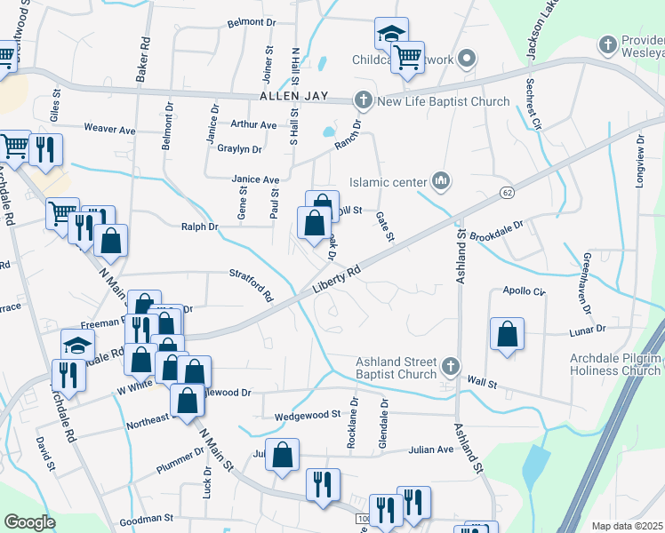 map of restaurants, bars, coffee shops, grocery stores, and more near 314 Greenoak Drive in Archdale