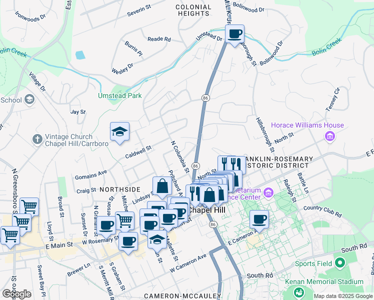 map of restaurants, bars, coffee shops, grocery stores, and more near 107 Stephens Street in Chapel Hill