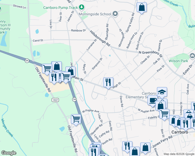 map of restaurants, bars, coffee shops, grocery stores, and more near 98 Pine Hill Drive in Carrboro