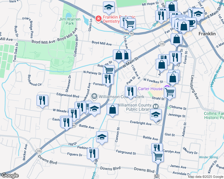 map of restaurants, bars, coffee shops, grocery stores, and more near 1203 West Main Street in Franklin