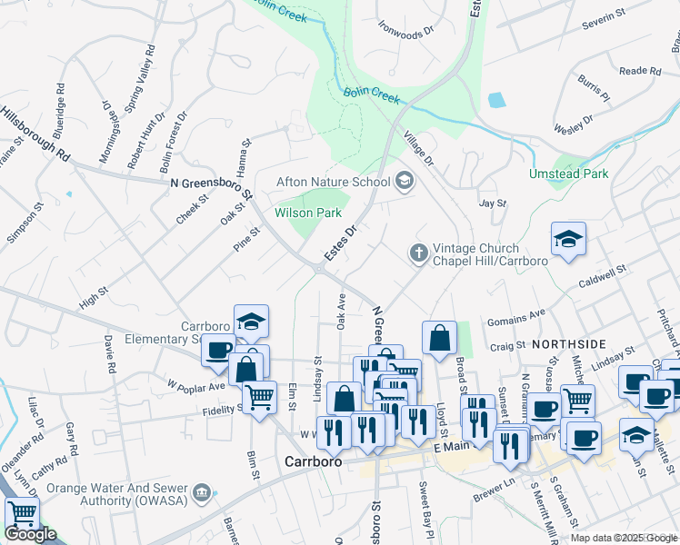 map of restaurants, bars, coffee shops, grocery stores, and more near 700 North Greensboro Street in Carrboro