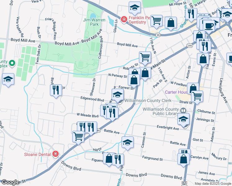 map of restaurants, bars, coffee shops, grocery stores, and more near 1209 Brookwood Avenue in Franklin
