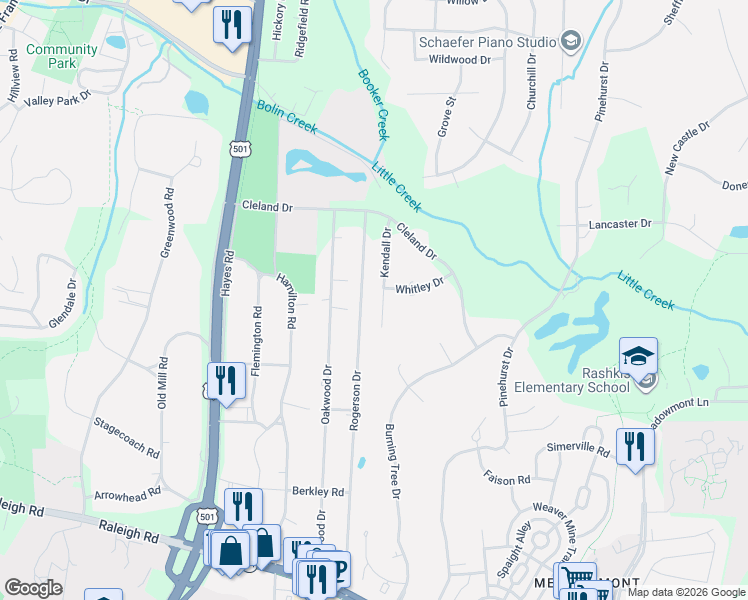 map of restaurants, bars, coffee shops, grocery stores, and more near 14 Kendall Drive in Chapel Hill