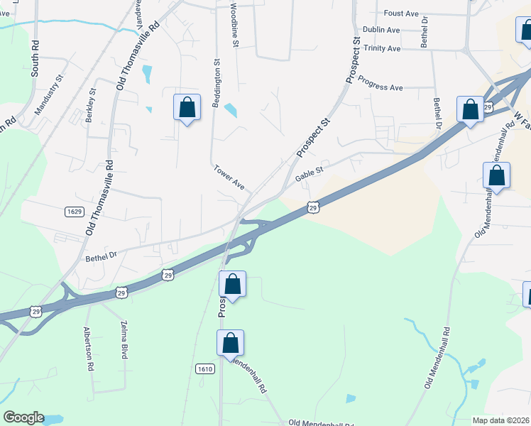 map of restaurants, bars, coffee shops, grocery stores, and more near 1607 Prospect Street in High Point