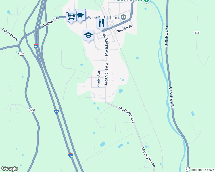 map of restaurants, bars, coffee shops, grocery stores, and more near 503 McKnight Avenue in West Fork