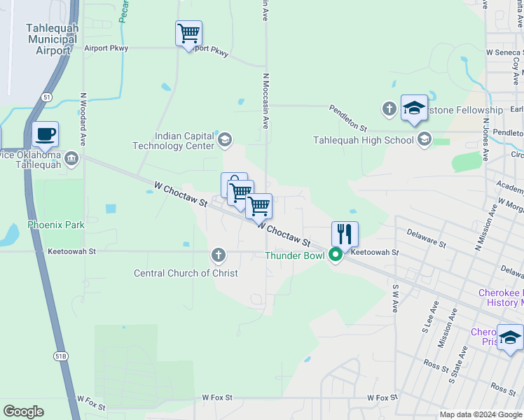 map of restaurants, bars, coffee shops, grocery stores, and more near 162 North Moccasin Avenue in Tahlequah