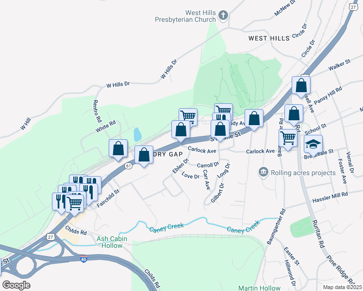 map of restaurants, bars, coffee shops, grocery stores, and more near 1199 South Roane Street in Harriman