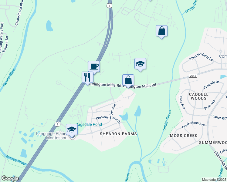 map of restaurants, bars, coffee shops, grocery stores, and more near 2608 Burlington Mills Road in Wake Forest