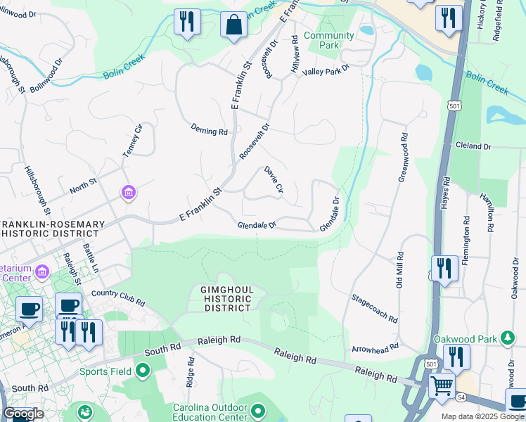 map of restaurants, bars, coffee shops, grocery stores, and more near 207 Glendale Drive in Chapel Hill