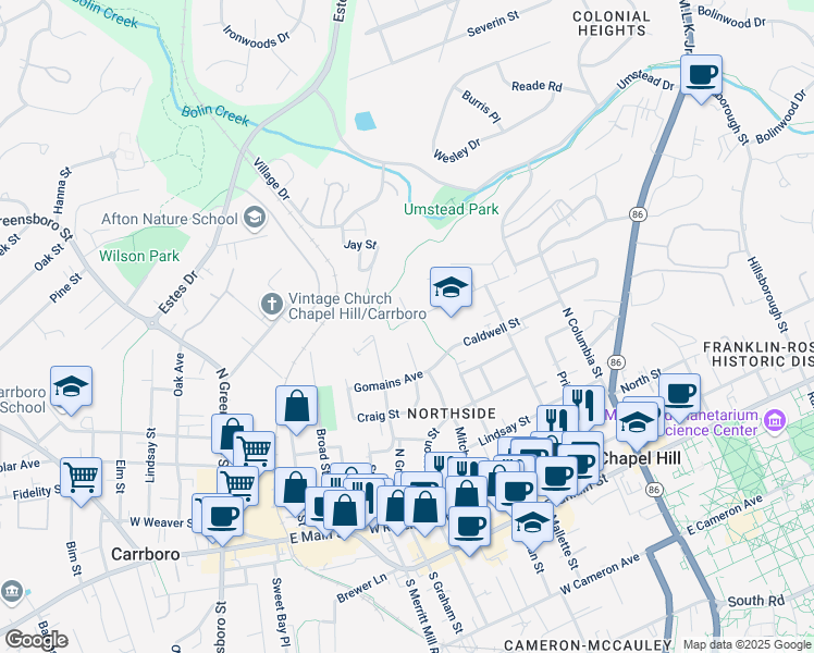 map of restaurants, bars, coffee shops, grocery stores, and more near 337 McMasters Street in Chapel Hill