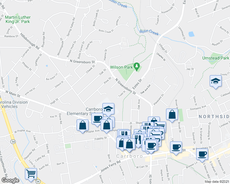 map of restaurants, bars, coffee shops, grocery stores, and more near 901 North Greensboro Street in Carrboro