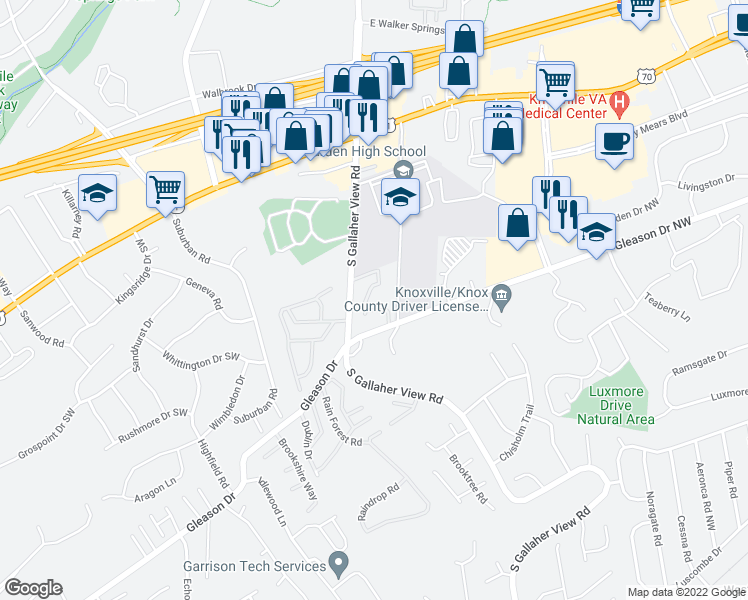 map of restaurants, bars, coffee shops, grocery stores, and more near 364 Cedar View Way in Knoxville