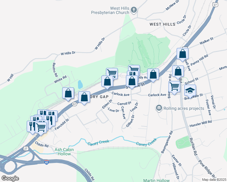 map of restaurants, bars, coffee shops, grocery stores, and more near 1199 South Roane Street in Harriman