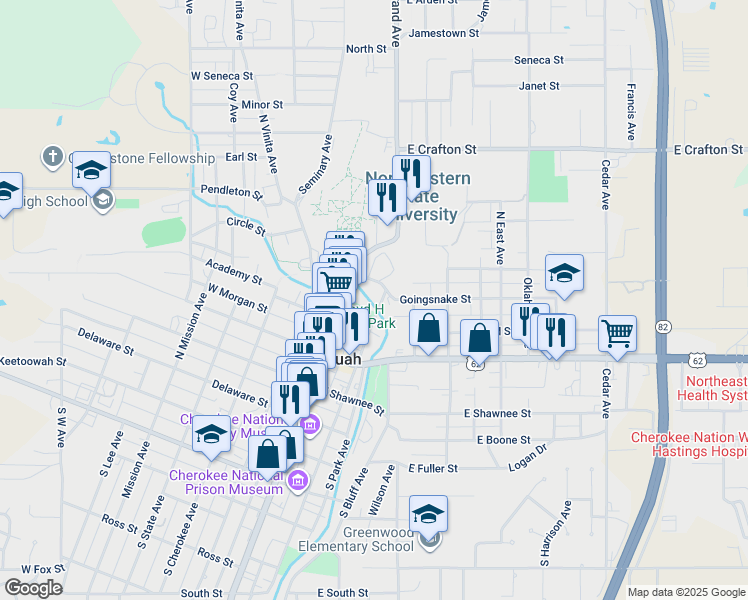 map of restaurants, bars, coffee shops, grocery stores, and more near 558 North Water Avenue in Tahlequah