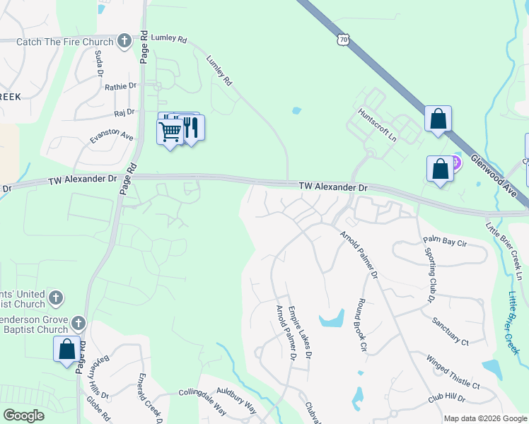 map of restaurants, bars, coffee shops, grocery stores, and more near 11230 Maplecroft Court in Raleigh