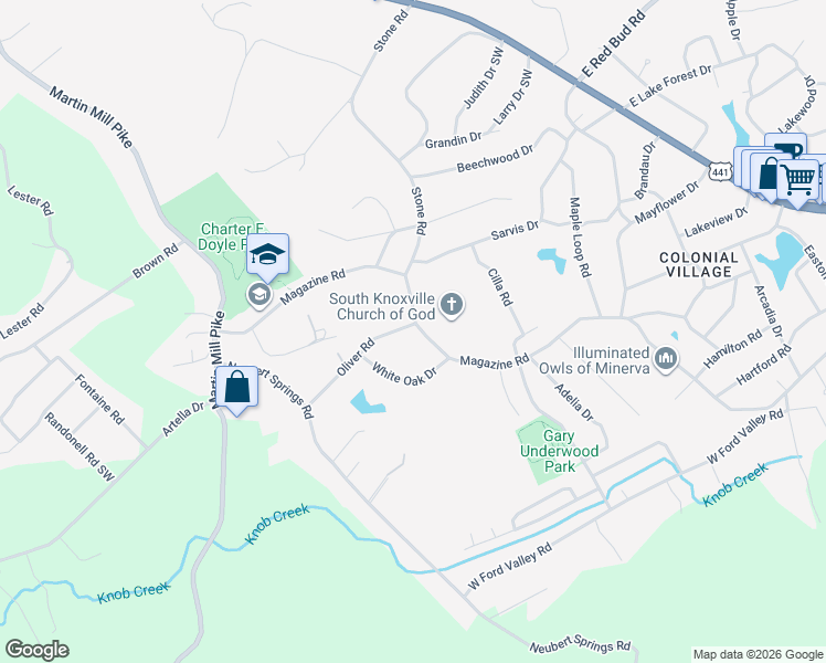 map of restaurants, bars, coffee shops, grocery stores, and more near 5624 Magazine Road in Knoxville