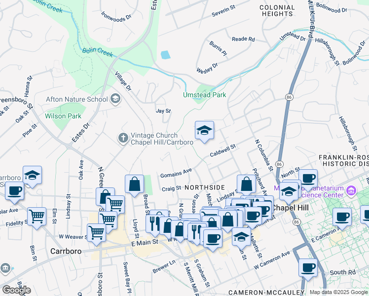 map of restaurants, bars, coffee shops, grocery stores, and more near 337 McMasters Street in Chapel Hill