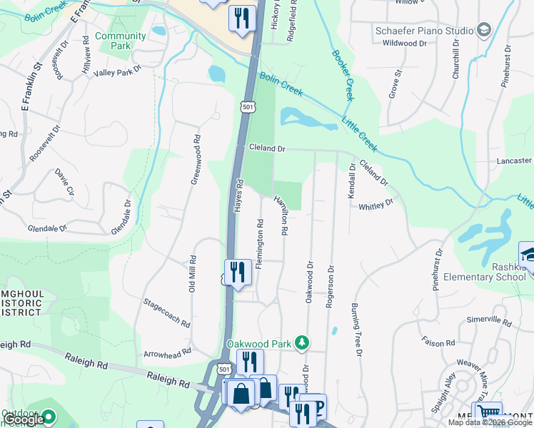 map of restaurants, bars, coffee shops, grocery stores, and more near 232 Flemington Road in Chapel Hill