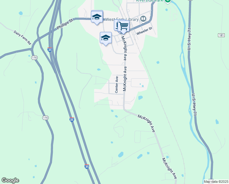 map of restaurants, bars, coffee shops, grocery stores, and more near 509 Center Avenue in West Fork