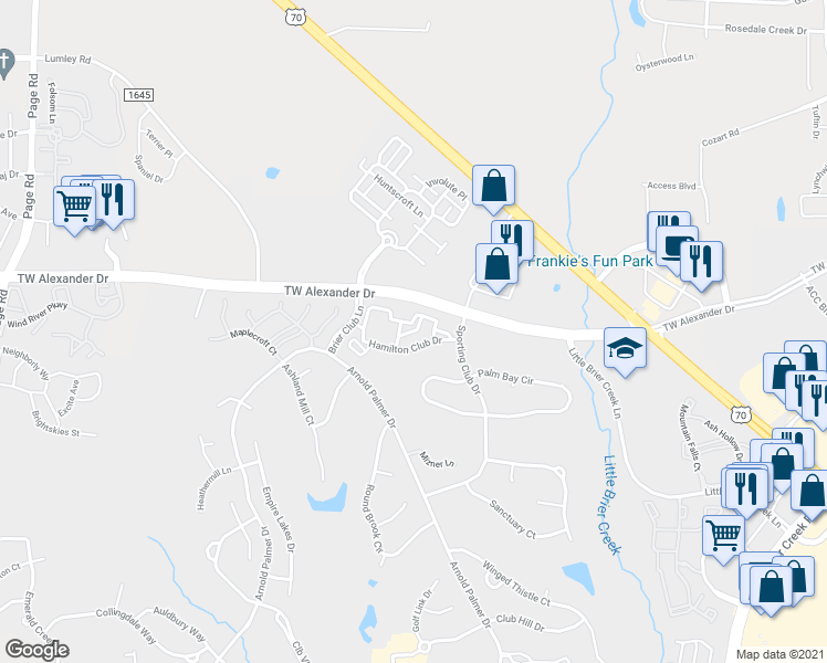 map of restaurants, bars, coffee shops, grocery stores, and more near Lanier Club Drive in Raleigh