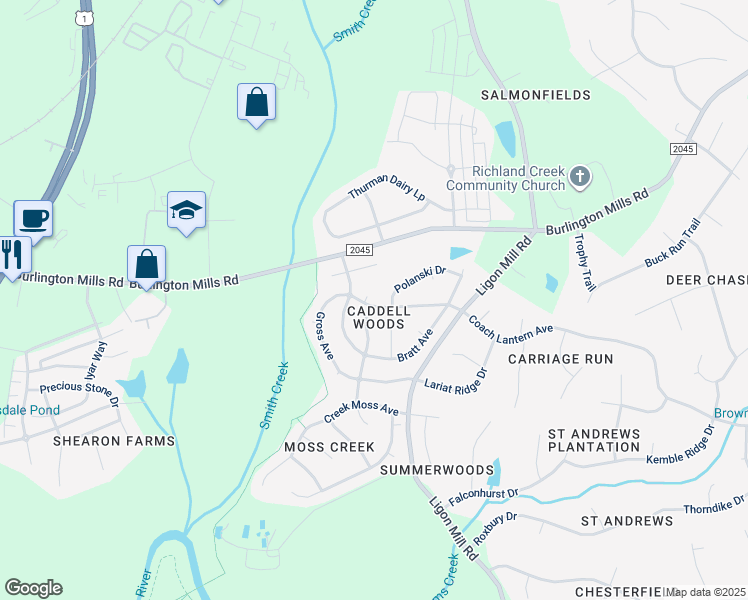 map of restaurants, bars, coffee shops, grocery stores, and more near 8109 Stone Bridge Court in Wake Forest