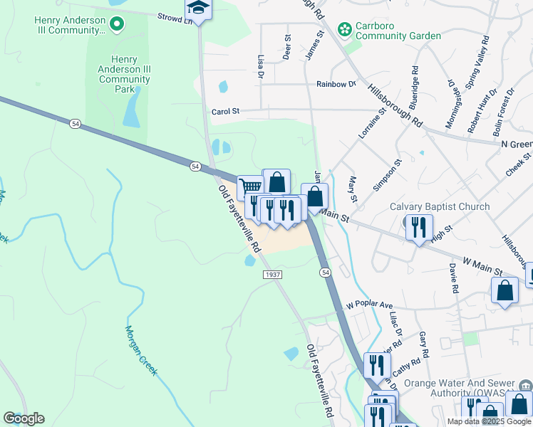 map of restaurants, bars, coffee shops, grocery stores, and more near 104 North Carolina 54 in Carrboro