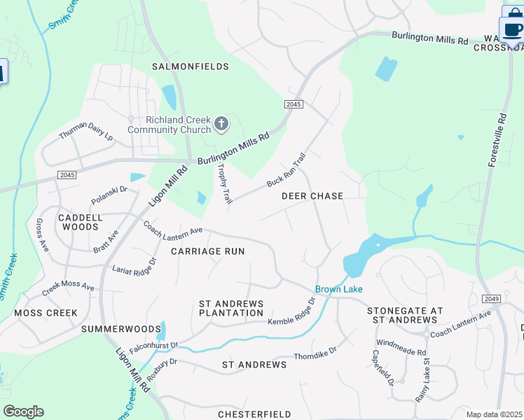 map of restaurants, bars, coffee shops, grocery stores, and more near 3313 Donner Trail in Wake Forest