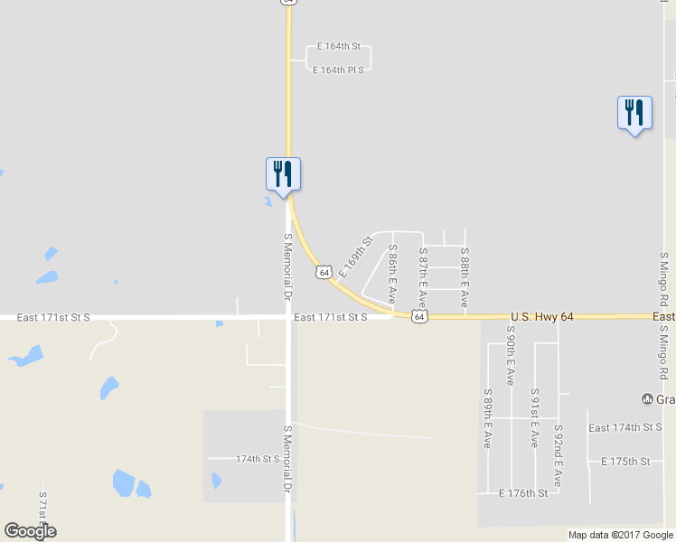 map of restaurants, bars, coffee shops, grocery stores, and more near 8301 East 169th Street in Bixby