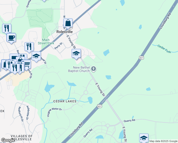 map of restaurants, bars, coffee shops, grocery stores, and more near East Young Street in Rolesville