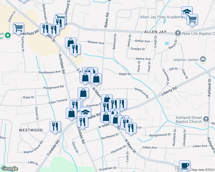 map of restaurants, bars, coffee shops, grocery stores, and more near 128 Baker Road in Archdale