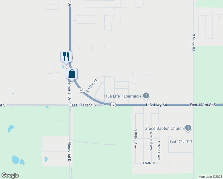map of restaurants, bars, coffee shops, grocery stores, and more near 8702 East 170th Street South in Bixby