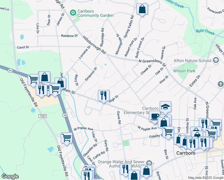 map of restaurants, bars, coffee shops, grocery stores, and more near 115 Dillard Street in Carrboro