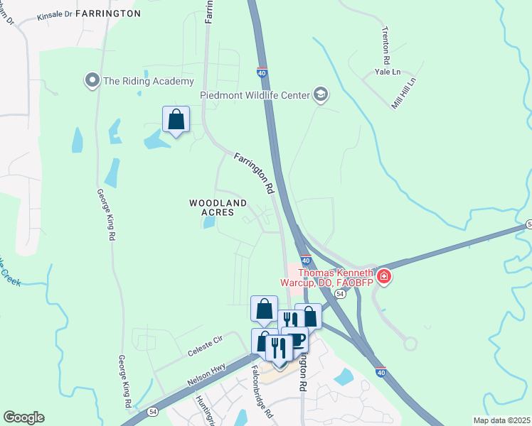 map of restaurants, bars, coffee shops, grocery stores, and more near 5701 Crescent Drive in Chapel Hill