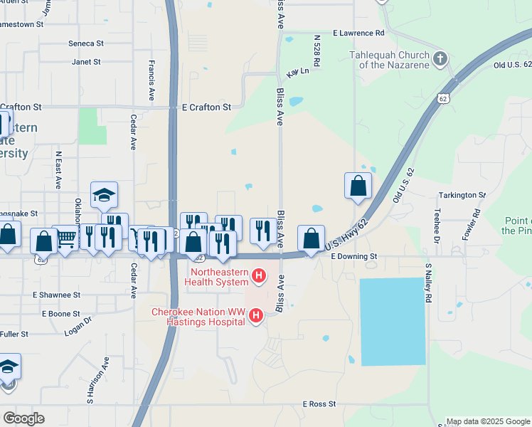 map of restaurants, bars, coffee shops, grocery stores, and more near 1403 12 East Downing Street in Tahlequah