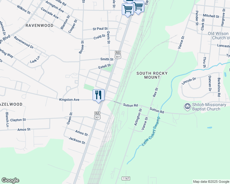 map of restaurants, bars, coffee shops, grocery stores, and more near in Rocky Mount