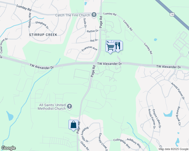 map of restaurants, bars, coffee shops, grocery stores, and more near 200 Wind River Parkway in Morrisville