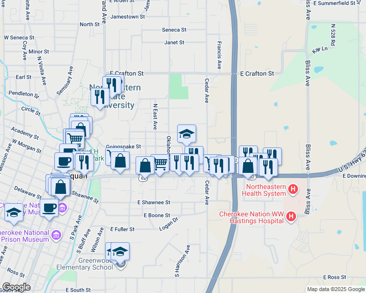 map of restaurants, bars, coffee shops, grocery stores, and more near 800 Goingsnake Street in Tahlequah