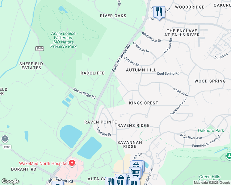 map of restaurants, bars, coffee shops, grocery stores, and more near 10600 Falls of Neuse Road in Raleigh