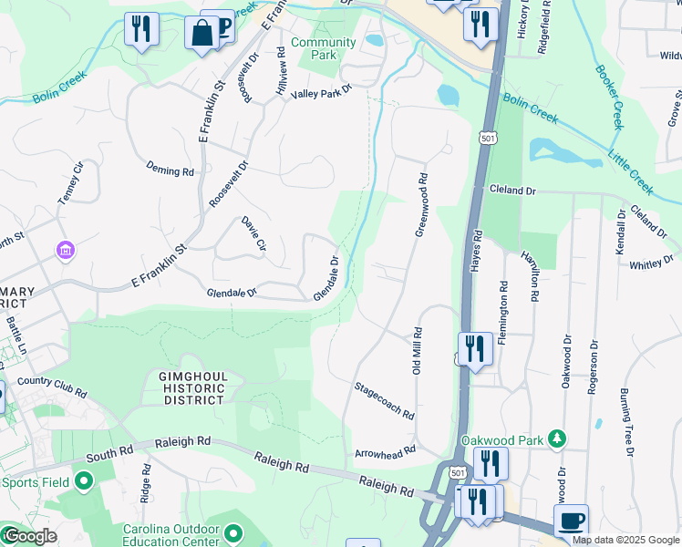 map of restaurants, bars, coffee shops, grocery stores, and more near 320 Glendale Drive in Chapel Hill