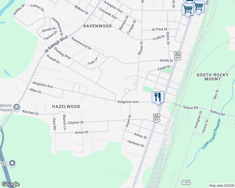 map of restaurants, bars, coffee shops, grocery stores, and more near 516 Powell Drive in Rocky Mount