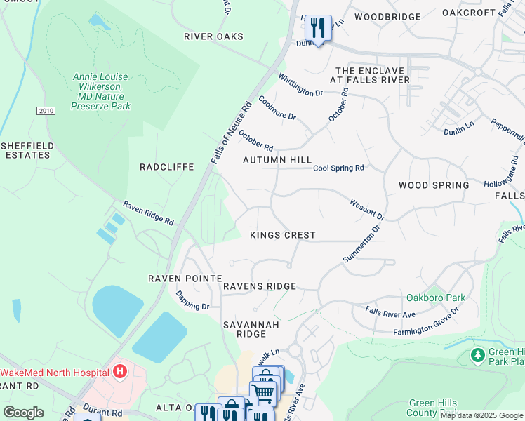 map of restaurants, bars, coffee shops, grocery stores, and more near 10712 Thornbury Crest Court in Raleigh